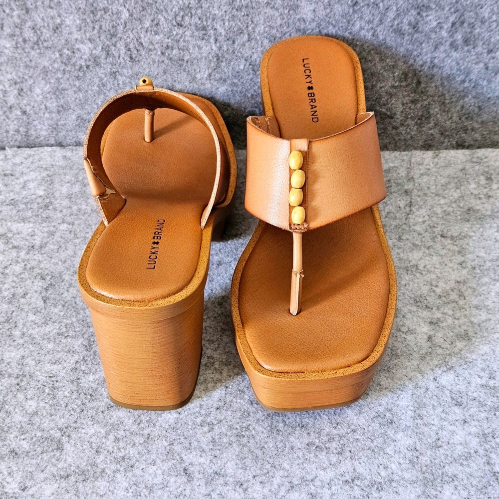 Lucky Brand Womens Tan Leather Beaded Thong Platform Block Heel Sandals Size 9M - Picture 2 of 10